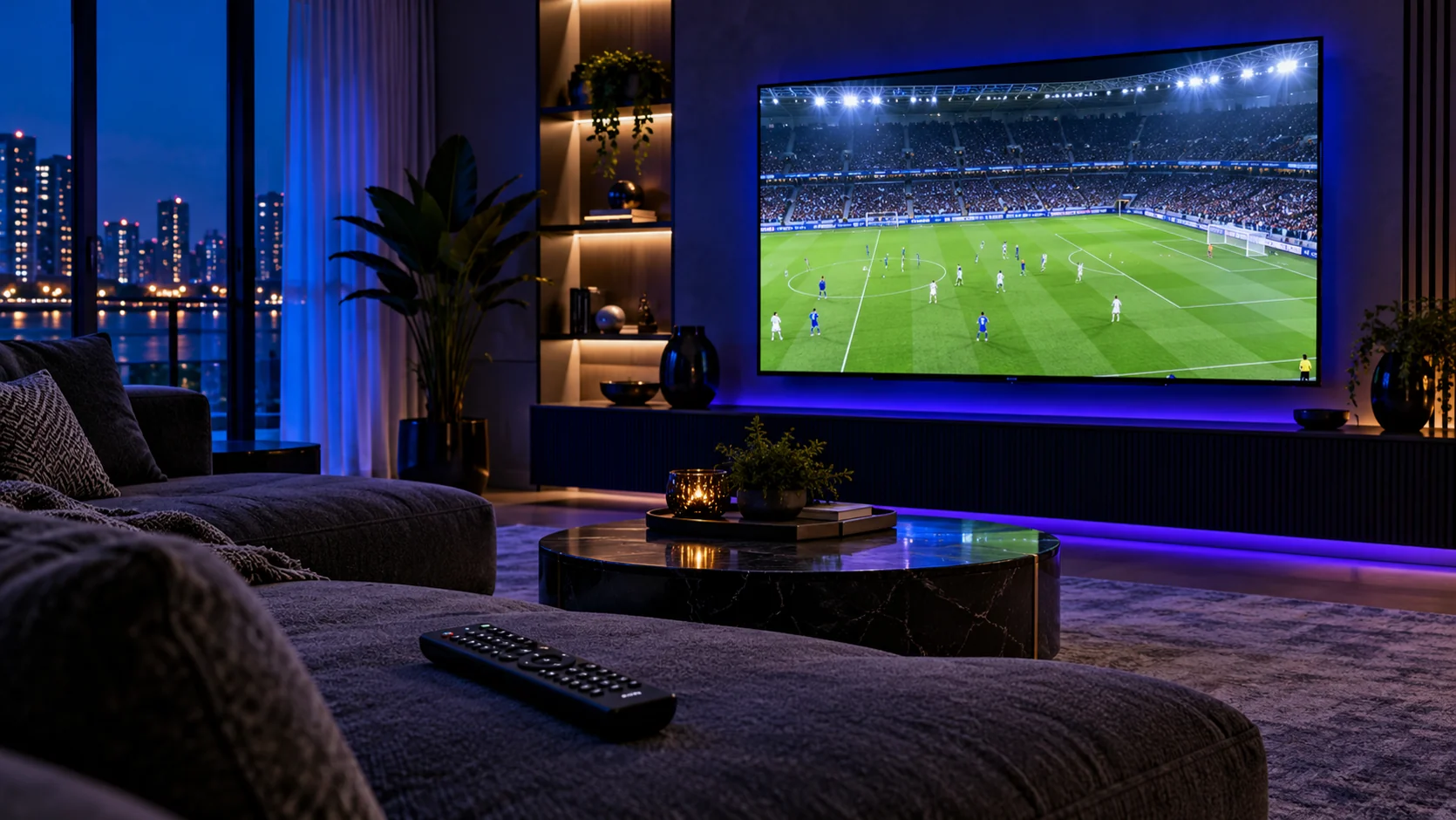 Home television viewing setup with football on the screen