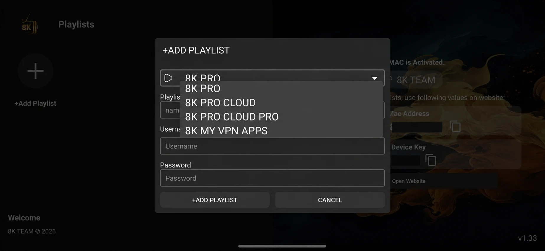 8K Player server selector showing 8K PRO, Cloud, Cloud Pro and My VPN Apps